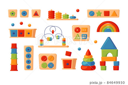 Montessori education logic toys. Children wooden toys for preschool kids. Montessori system for early childhood development. Multicolored sorters. Set of vector illustrations on white background 84649930
