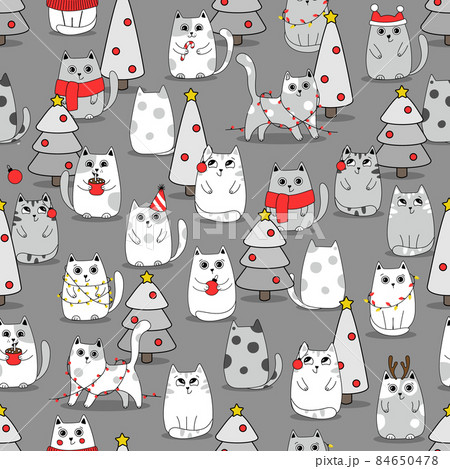 Christmas Seamless pattern background cute kittens in snow for winter. Doodle style Christmas Seamless pattern background cute kittens in snow for winter. Doodle style 84650478