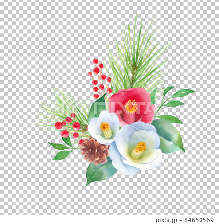 Watercolor illustration of red and white camellia New Year decorations. Pine, nandina and camellia flowers. Lucky thing. Watercolor illustration of red and white camellia New Year decorations. Pine, nandina and camellia flowers. Lucky thing. 84650569