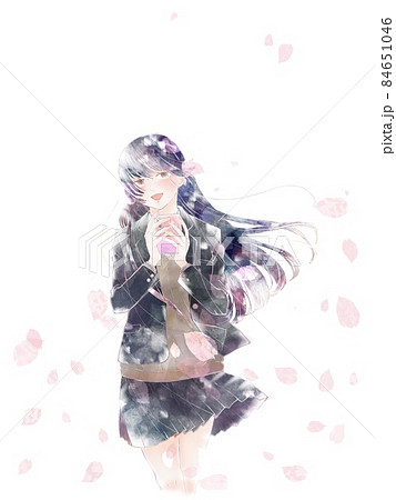 スマホを持って笑う女子高生 桜吹雪のイラスト素材