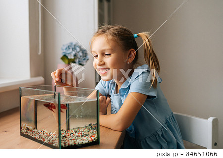 Happy funny little girl watching little goldfish in aquarium, tapping on glass, attracting attention. Happy funny little girl watching little goldfish in aquarium, tapping on glass, attracting attention. 84651066