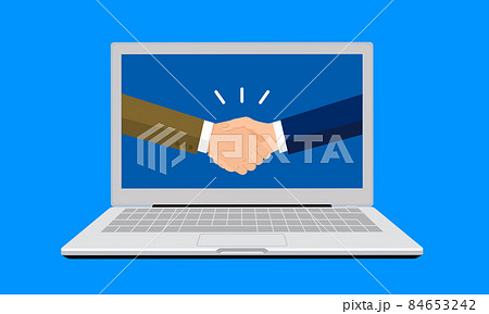 PCの画面と握手する男性、オンライン取引のコンセプトイラスト、青背景、ベクター 84653242