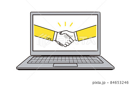 PCと握手する男性、オンライン取引のコンセプトイラスト、白背景、ベクター 84653246