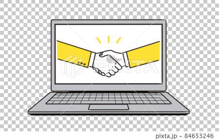 PCと握手する男性、オンライン取引のコンセプトイラスト、白背景、ベクター 84653246