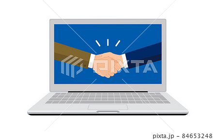 PCと握手する男性、オンライン取引のコンセプトイラスト、白背景、ベクター 84653248