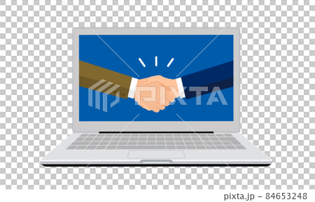 PCと握手する男性、オンライン取引のコンセプトイラスト、白背景、ベクター 84653248
