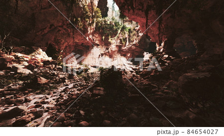 large fairy rocky cave with green plants 84654027
