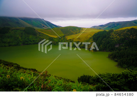 Panoramic view to Caldeira Funda lake at Flores island, Azores. Portugal 84654380
