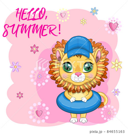 Cartoon lion in flippers, swimming circle, hat, glasses. Character with beautiful eyes, childish. Summer vacation concept 84655163
