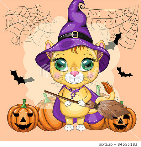 Cute cartoon leo with beautiful eyes, orange in a purple witch's hat and cloak, Halloween 84655183