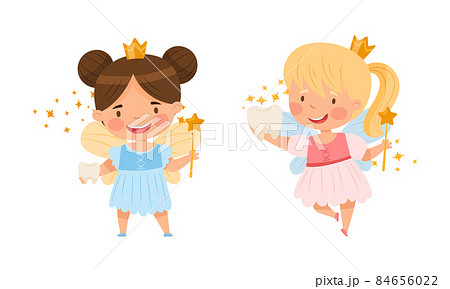 Happy little Tooth Fairy with baby teeth set. Lovely girls with wings wearing golden crown with magic wands cartoon vector illustration Happy little Tooth Fairy with baby teeth set. Lovely girls with wings wearing golden crown with magic wands cartoon vector illustration 84656022