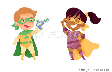 Happy smiling children wearing colorful superheroes costumes set. Kids playing at carnival or birthday party cartoon vector illustration Happy smiling children wearing colorful superheroes costumes set. Kids playing at carnival or birthday party cartoon vector illustration 84656146