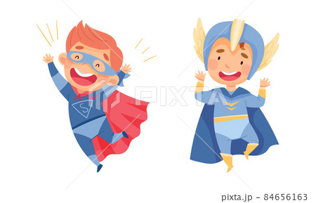 Happy little children wearing superheroes costumes and masks set. Kids having fun at carnival or birthday party cartoon vector illustration 84656163