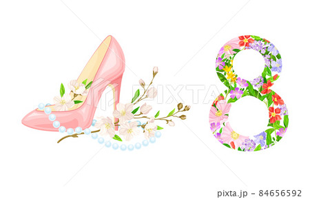 8 March International Womens Day cards design set. Number 8 and pink high heel shoe with cherry blossom flowers vector illustration 8 March International Womens Day cards design set. Number 8 and pink high heel shoe with cherry blossom flowers vector illustration 84656592