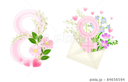 8 March International Womens Day cards design set. Number 8 and gender female sign with spring flowers vector illustration 8 March International Womens Day cards design set. Number 8 and gender female sign with spring flowers vector illustration 84656594