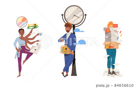 Multitasking, deadline at work and busy lifestyle. Overworked business people characters set vector illustration 84656610