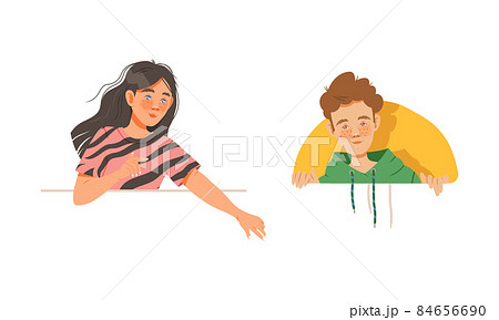 People looking out from window set. Girl and boy peeking out of the wall vector illustration 84656690
