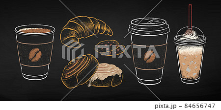 Takeaway coffee and pastry chalk drawn set 84656747
