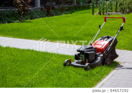 gasoline engine lawn mower for landscaping and backyard lawn mowing, gardening equipment on green grass surrounded by stone sidewalk walkway on a sunny summer day front view, nobody. 84657292