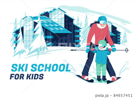 Ski school concept. A woman learns to ski to a child against a winter background of a mountain landscape and a hotel. Vector flat cartoon illustration. Ski school concept. A woman learns to ski to a child against a winter background of a mountain landscape and a hotel. Vector flat cartoon illustration. 84657451