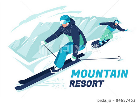 Scene of skier and snowboarder skiing on snow-covered mountain slopes or slopes. Outdoor winter sports. Cartoon flat vector illustration. Scene of skier and snowboarder skiing on snow-covered mountain slopes or slopes. Outdoor winter sports. Cartoon flat vector illustration. 84657453