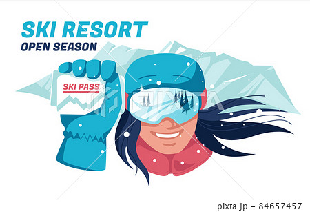 Portrait of ski athlete woman smiling in winter sports equipment. Who holds the ski pass against the backdrop of snowy mountains. Flat vector cartoon illustration 84657457