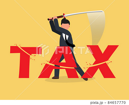 Business man using sword to cut taxes. Business concept of reducing and lowering taxes Business man using sword to cut taxes. Business concept of reducing and lowering taxes 84657770