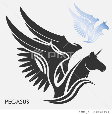 Silhouettes of mythical pegasus horse head. Unicorn emblem with wings. Isolated vector on white background. Simple black and white vector isolated on white background Silhouettes of mythical pegasus horse head. Unicorn emblem with wings. Isolated vector on white background. Simple black and white vector isolated on white background 84658393