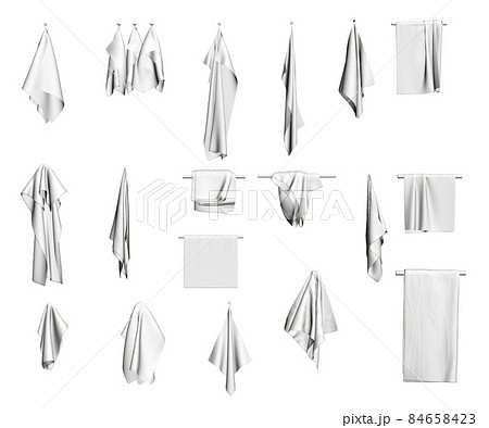 Set with white towels hanging on a hanger isolated on a white background. Front view. 3D. Vector illustration 84658423