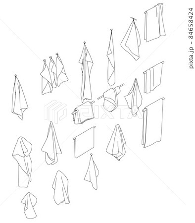 Set with contours of towels hanging on a hanger from black lines isolated on a white background. Isometric view. Vector illustration 84658424