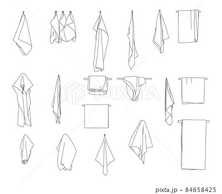Set with contours of towels hanging on a hanger from black lines isolated on a white background. Front view. Vector illustration 84658425