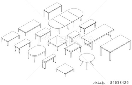 Set with contours of tables from black lines Isolated on white background. Isometric view. 3D. Vector illustration 84658426