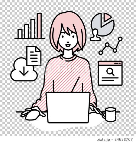 A remote-working woman sitting at a desk, opening her PC for research, analyzing data and compiling reports A remote-working woman sitting at a desk, opening her PC for research, analyzing data and compiling reports 84658707