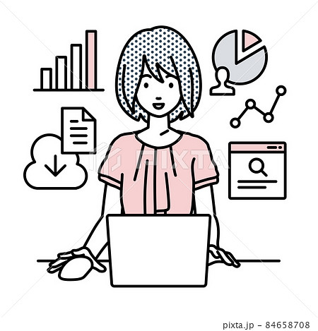 デスクで座ってPCを開いてリサーチしたりデータを分析してレポートにまとめているオフィスカジュアルの女 デスクで座ってPCを開いてリサーチしたりデータを分析してレポートにまとめているオフィスカジュアルの女 84658708
