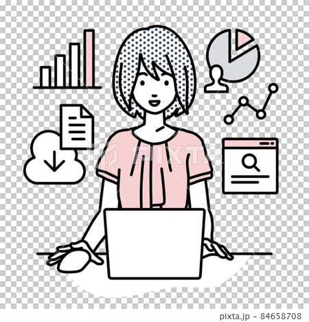 デスクで座ってPCを開いてリサーチしたりデータを分析してレポートにまとめているオフィスカジュアルの女 デスクで座ってPCを開いてリサーチしたりデータを分析してレポートにまとめているオフィスカジュアルの女 84658708