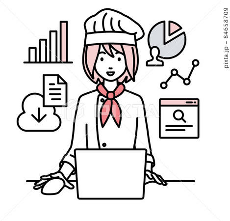 デスクで座ってPCを開いてリサーチしたりデータを分析してレポートにまとめている調理師の女性 デスクで座ってPCを開いてリサーチしたりデータを分析してレポートにまとめている調理師の女性 84658709
