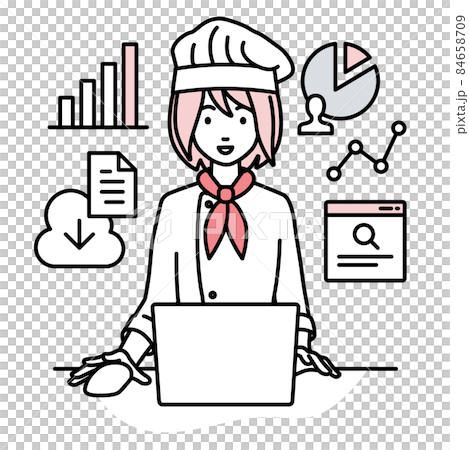デスクで座ってPCを開いてリサーチしたりデータを分析してレポートにまとめている調理師の女性 デスクで座ってPCを開いてリサーチしたりデータを分析してレポートにまとめている調理師の女性 84658709
