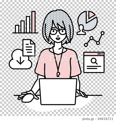 A female teacher sitting at a desk, opening a PC for research, analyzing data and compiling reports A female teacher sitting at a desk, opening a PC for research, analyzing data and compiling reports 84658711