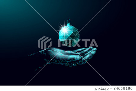 Christmas tree ball decoration low poly. Modern futuristic technology art template greeting card. Dark blue background. Glowing sparkling 3D render sphere Happy New Year banner vector illustration 84659196