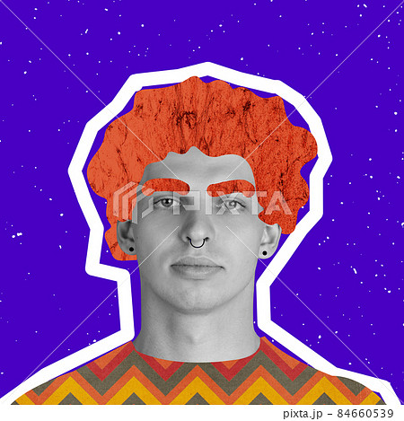 Creative design. Contemporary art collage of young man with red drawn hair isolated over blue background. Retro style Creative design. Contemporary art collage of young man with red drawn hair isolated over blue background. Retro style 84660539