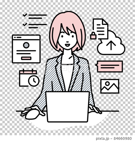 A woman in a suit sitting at a desk and doing a project or task management job on a PC 84660980