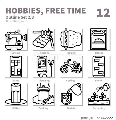 Hobbies and Freetime icons set, Outline, vector and illustration set 2 84662222