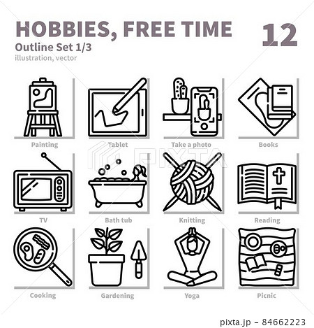 Hobbies and Freetime icons set, Outline, vector and illustration set 1 Hobbies and Freetime icons set, Outline, vector and illustration set 1 84662223