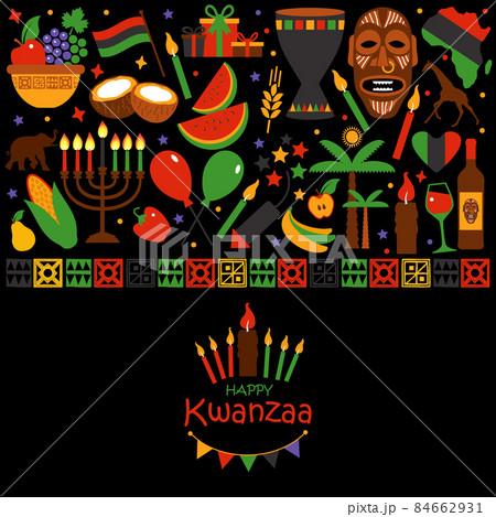 Vector card with collection of Happy Kwanzaa. Holiday symbols on black background. Vector illustration. Vector card with collection of Happy Kwanzaa. Holiday symbols on black background. Vector illustration. 84662931