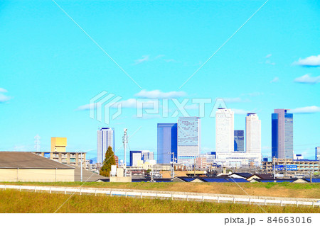 名古屋市、庄内川河川敷から見た名古屋駅前超高層ビル郡の風景 84663016