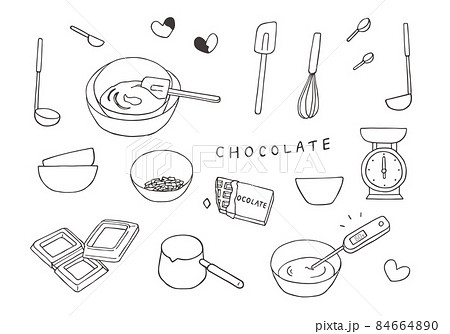 チョコレートの湯煎にまつわる手描きイラスト（モノクロ） 84664890