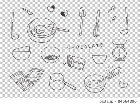 チョコレートの湯煎にまつわる手描きイラスト（モノクロ） 84664890