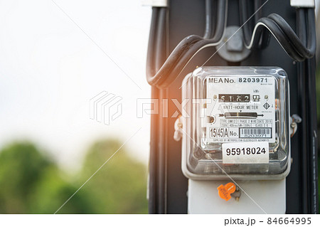 Electric measuring power meter with copy space for energy cost at home and office. 84664995