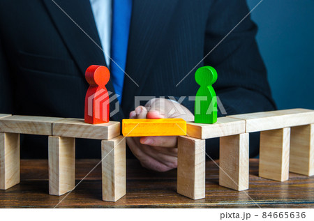 Mediator to remove the gap of understanding between people. Compromise dispute resolution. Build bridges improve relationships. Mediation of conflicting parties. Stop conflict escalation. Win-win 84665636