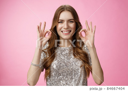Everything alright. Happy carefree joyful smiling pretty feminine woman show okay ok gesture grinning approvingly like recommend awesome fast delivery service look satisfied, pink background Everything alright. Happy carefree joyful smiling pretty feminine woman show okay ok gesture grinning approvingly like recommend awesome fast delivery service look satisfied, pink background 84667404